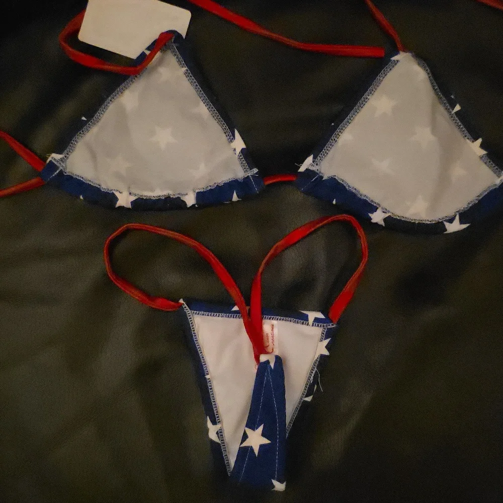 Sexy American Flag Swimsuit Triangle Top And Thong With Coverup 3 Piece - Picture 7 of 11